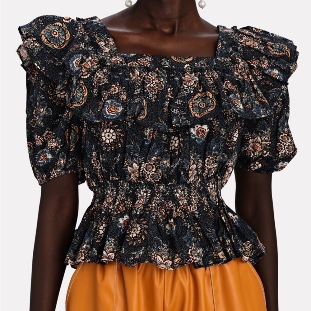 Ulla Johnson Warner Square Neck Ruffle Peplum Cotton Blouse For Women 8